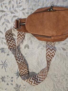 Tan Faux Leather Crossbody Bag with Patterned Strap